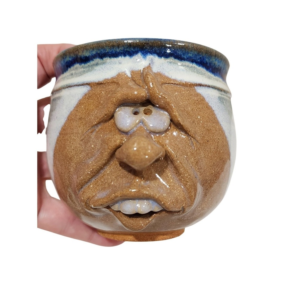Face Mug Studio Art 3D Pottery Ugly Face Whimsical Glazed Signed Big Nose Folk